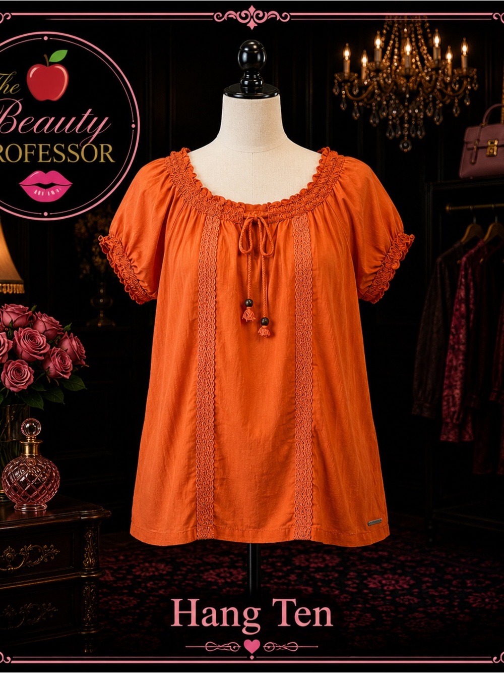 💞 Hang Ten Large Burnt Orange Boho Peasant Blouse Crochet Trim Tassel Tie